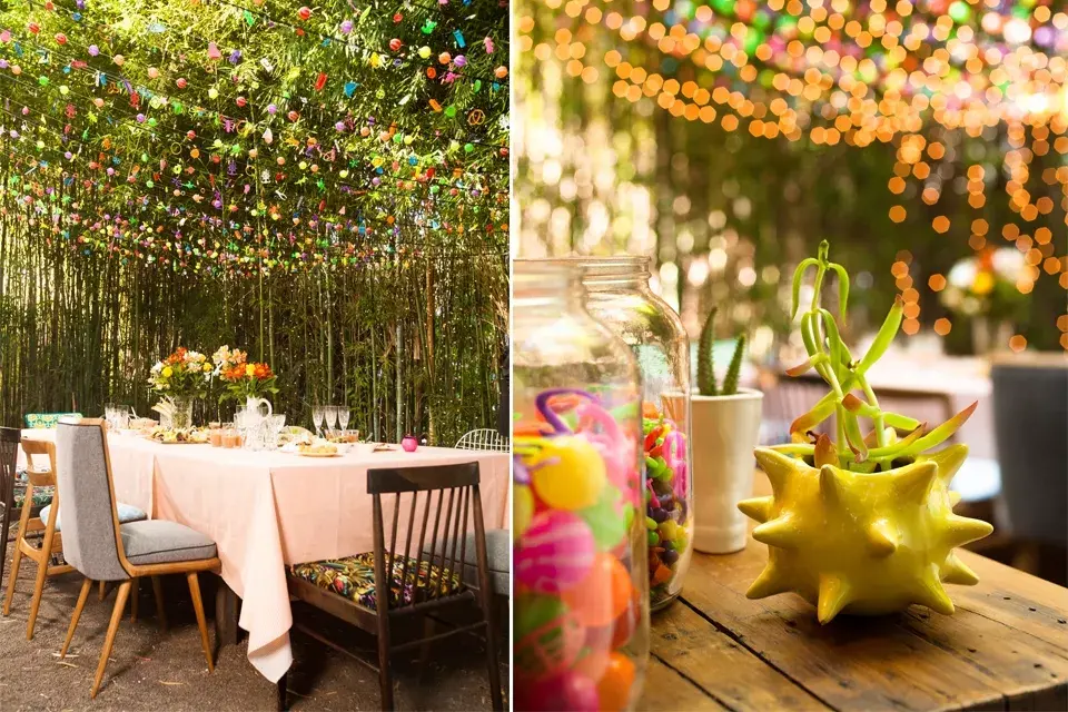 Mix de sillas: las de pana gris, la de hierro verde (en la cabecera) y la de madera con almohadón celeste y blanco, de Laboratorio de Objetos. Silla de madera, de Ketha. Suculentas: plantas y terrario de Paraná Vivero