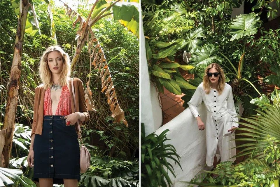 Chaqueta (Sweet, $990), collar (Dolores Iguacel, $330), traje de baño (Complot, $860), anillo (Luna Garzón, $790), falda (Basement, $699), bandolera (Blaquè, $1380). Vestido (Cher, $2800), gafas (Vulk Ginger, $1970), sandalias (Sarkany, $3190).