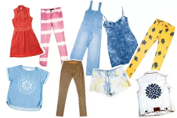 Vestidito rojo (Levis), denim rosa batique (María Cher), enterito largo (Paula Cahen DAnvers), minivestido de jean (Muaa), pantalones amarillos (Levis), remera con estampa (Paula Cahen DAnvers), jean en tonos tierra (Levis), short (Muaa), chaleco (Paula Cahen DAnvers)