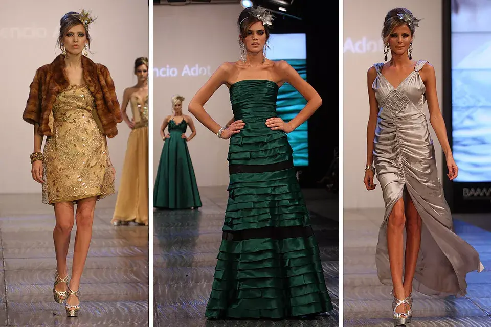 Algunas creaciones de Laurencio Adot: trajes en distintos largos, con bordados, con tablas y drapeados; todos resaltando la figura femenina