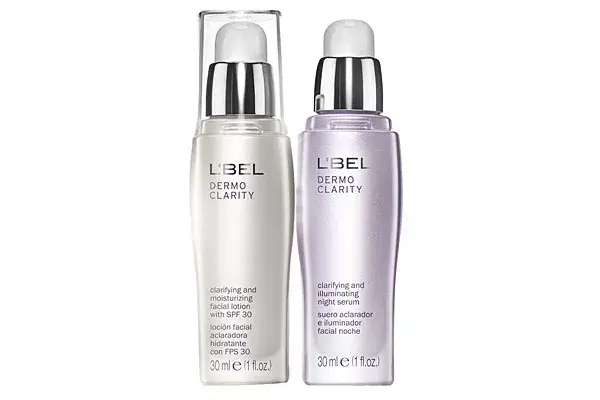 Dermo Clarity loción facial aclaradora hidratante y suero aclarador e iluminador facial para la noche, de L´Bel ($283 y $288)
