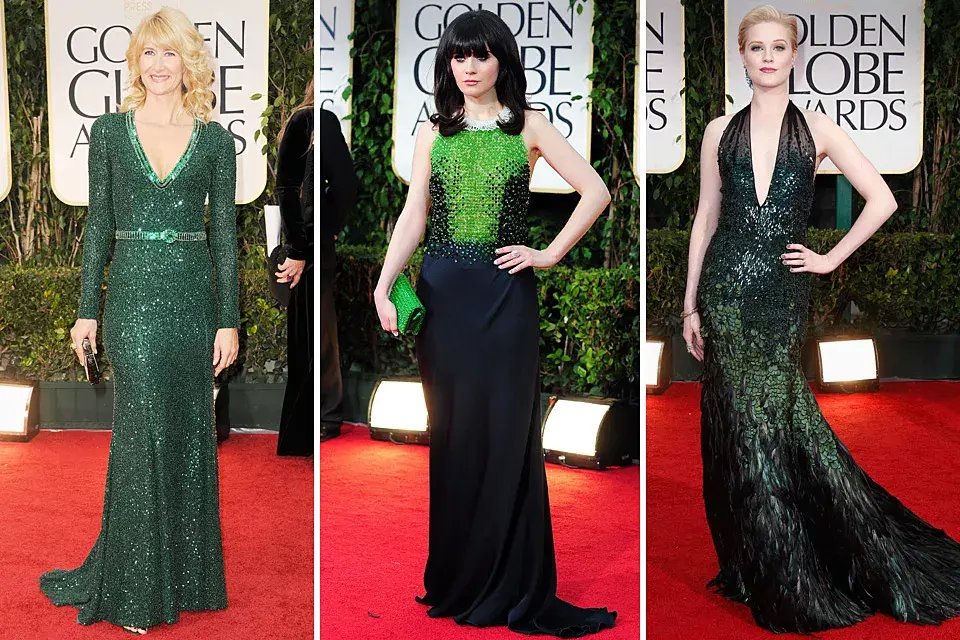 Verde: Laura Dern, con un impresionante vestido con piedras bordadas; Zooey Deschanel, muy canchera con su Prada y Evan Rachel Wood, en Gucci, con lentejuelas y plumas