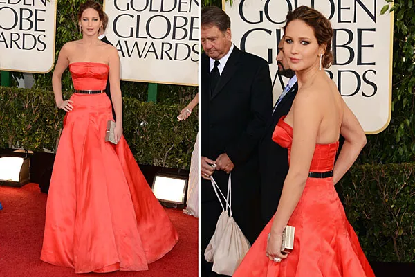 Jennifer Lawrence, con un look muy de alfombra roja, con un vestido Christian Dior, con corset y mucho vuelo