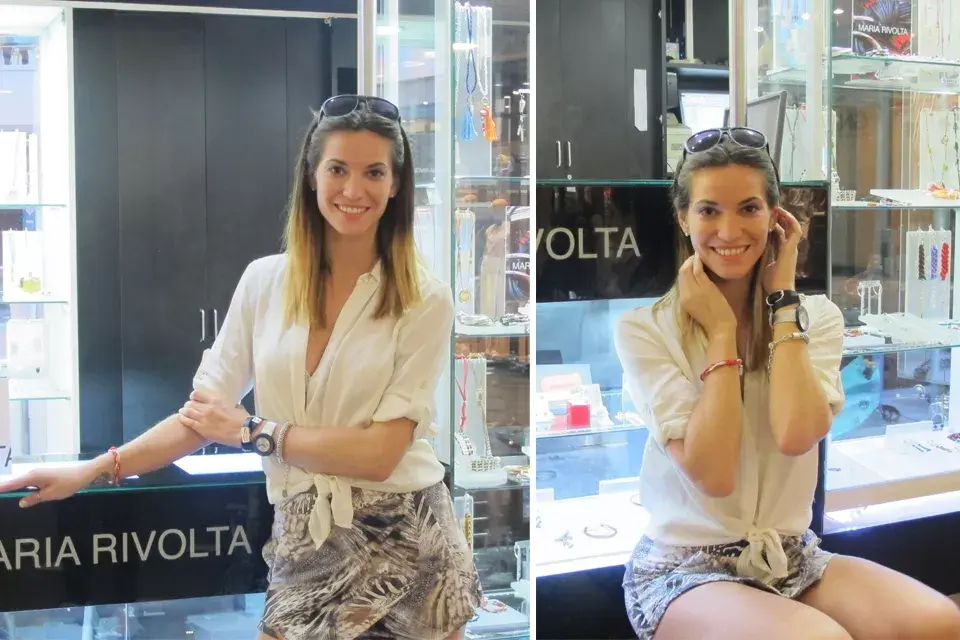 Flor Fabbiano se probó varios accesorios en el local de María Rivolta en Alto Palermo. ¡Cancherísima con esa camisa anudada!