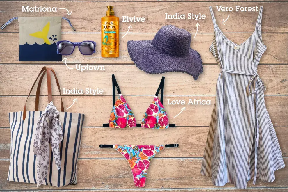 Bolsito de Matriona $140 / Lentes de Uptown $1990 aprox. / Crema para peinar Elvive $76,98 / Bolso $990 y Sombrero $499 de IndiaStyle / Bikini de Love Africa $950 / Vestido de Vero Forest $1500