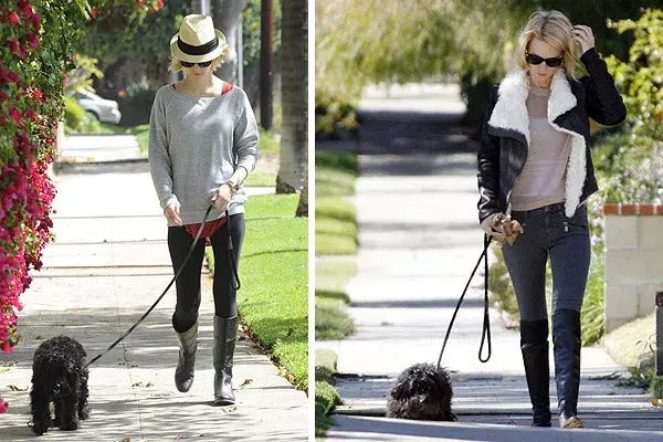 January Jones, siempre con botas altas y pantalón ajustado o calzas. Accesorios: anteojos y sombrero