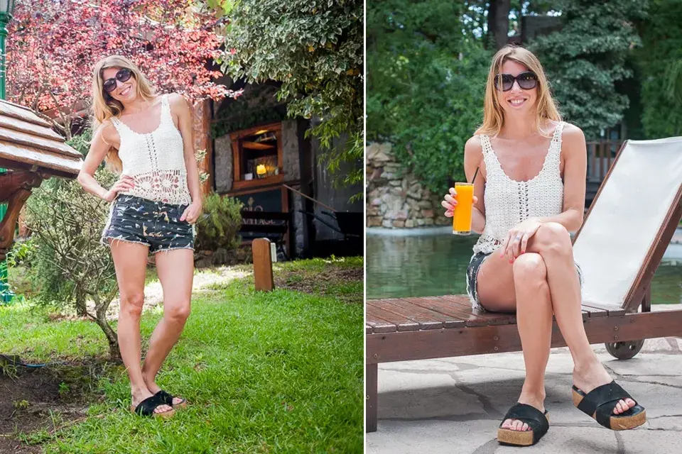 Flor Bertotti disfrutó de sus vacaciones en el Apart Hotel Cariló Village. Muy canchera y relajada, se tomó un licuado en la pileta y posó para las cámaras