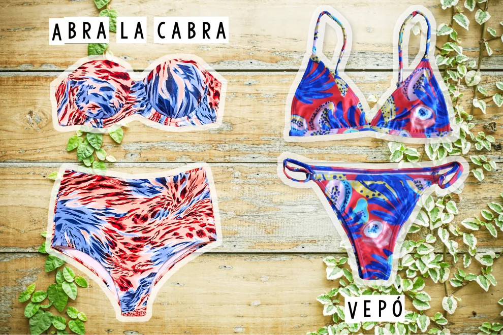 Bikini bombacha tiro alto y corpiño armado $650 de Abra La Cabra / Bikini triangulito estampada $935 de Vepó