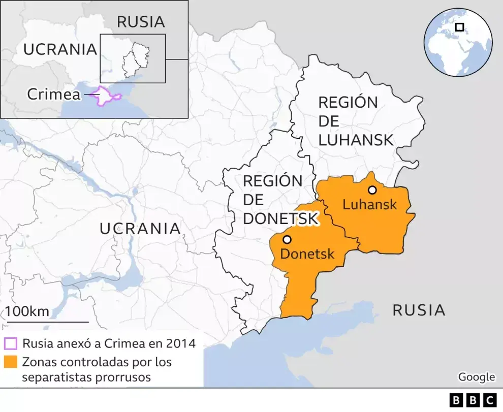 Las zonas controladas por grupos separatistas rusos.