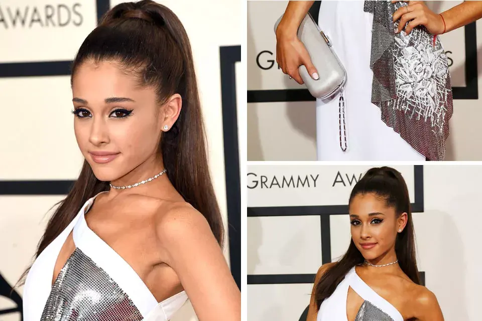 Ariana Grande con maxi recogido y clutch haciendo juego con parte de su outfit