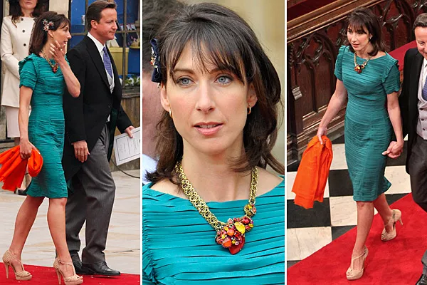 Llamó la atención que Samantha Cameron, mujer del primer ministro, no llevara tocado; el vestido verde azulado de Burberry no fue de los más destacados
