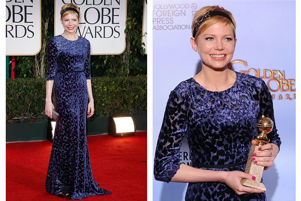 Michelle Williams prefirió un vestido cerrado y de mangas largas en chiffon violeta y negro, diseñado por Jason Wu