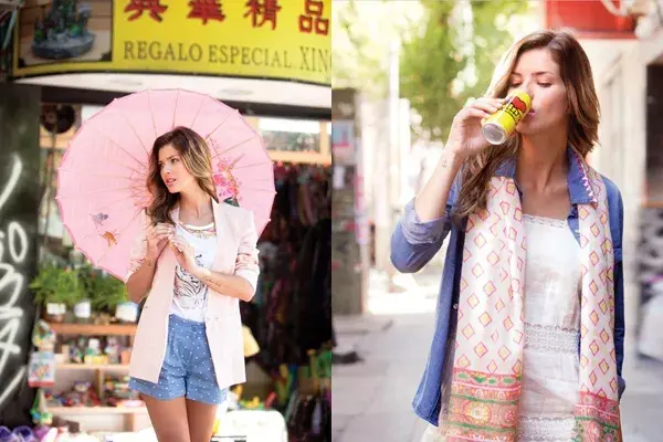 Con paraguas: remera con estampa y strass (uma, $238), blazer sin solapa (ayres, $778), shorts (lupe, $294), collar con cadenas y dijes (dolores iguacel, $130). Tomando algo: minivestido de bambula (kosiuko, $518), camisa de denim con strass (las pepas, $349), pañuelo estampado (pinkelephant, $120).