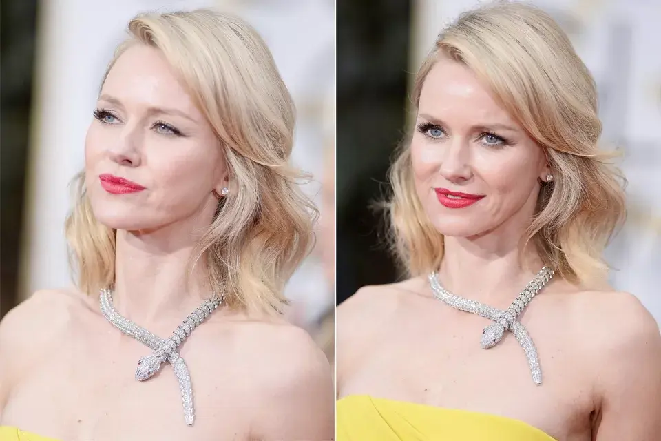 Naomi Watts, siempre impecable, llevó un prolijo brushing y lució un collar de serpiente