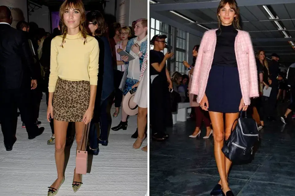 Alexa Chung con dos outfits bien distintos. El primero es de Topshop, remera amarilla, pollera animal print y chatittas doradas. El clutch es de Charlotte Olympia. El segundo, un vestido negro con chaqueta jackie en color rosa; ¿Cuál te gusta más?