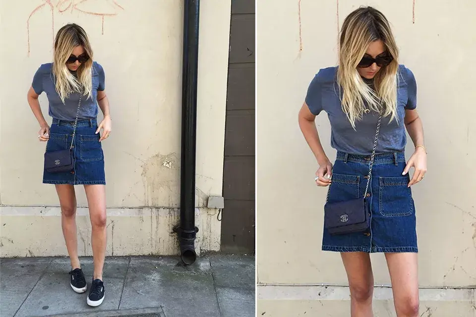 Camille usa la fada de denim abotonada con zapatillas, una simple remera gris ¡y está divina!