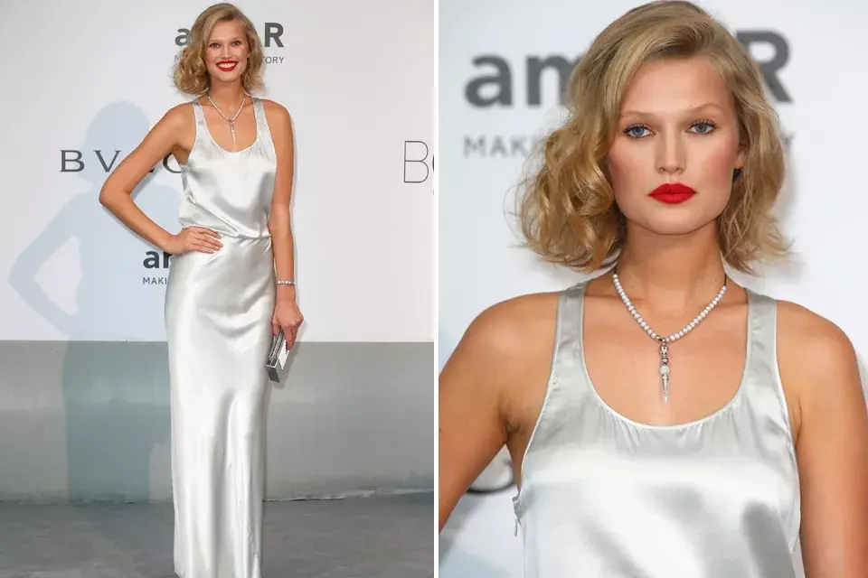 La top alemana Toni Garrn con un vestido color perla, simple y acertado para su increíble figura. Dicen que la enamorada de Leonardo DiCaprio se llevó todas las miradas