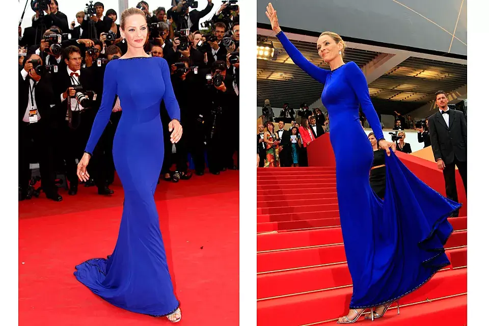 Muy distinguida, Uma Thurman se destacó con su vestido de Armani Privé en azul Klein de mangas largas y escote cerrado