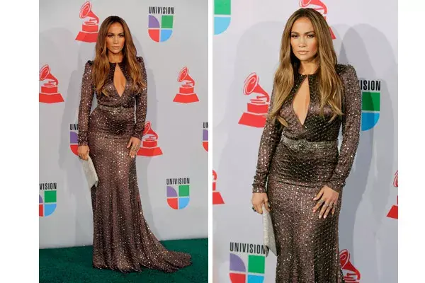 Jennifer Lopez impactó con su vestido de Andrew Gn color chocolate satinado con escote cerradura, bien ajustado y con apliques de metal