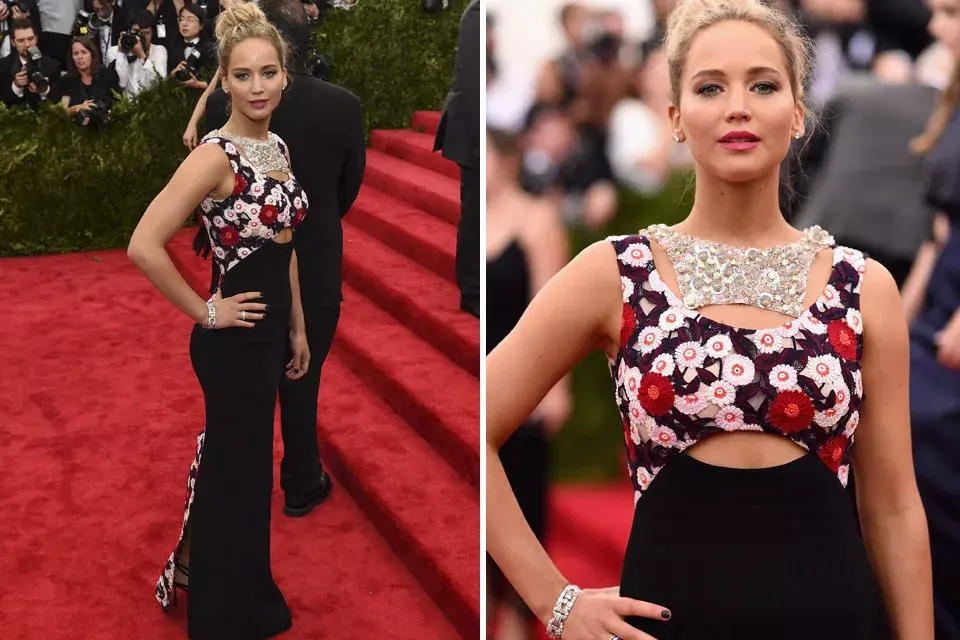 Jennifer Lawrence asisitó con un vestido con cuerpo en negro y parte superior bordada con flores, de Dior ¿Qué opinas de su elección?