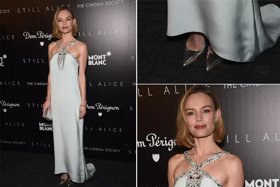 Kate Bosworth eligió un vestido de Oscar de la Renta en un tono celeste con un escote halter decorado con pedrería y cadenas. Acompañó el look con zapatos y clutch plateados. ¡Divina!