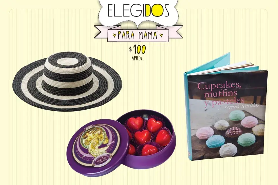 Capelina rayada (Basement, $99), viene en varios colores; corazoncitos de chocolate rellenos de dulce de leche (Rapa Nui, $48), libro de recetas ideal para las cocineras (Reina Batata, $80)