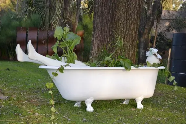 Muy divertida es esta antigua bañadera usada para tener plantas acuáticas. ¡Ofelia descansa plácidamente!
