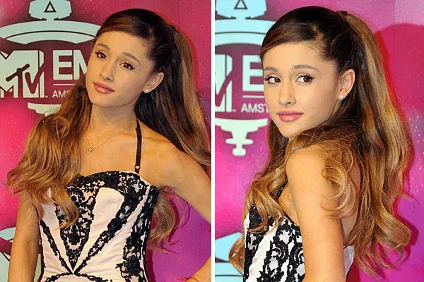 Un semirrecogido alto, con el flequillo hacia un costado para la cantante norteamericana Ariana Grande