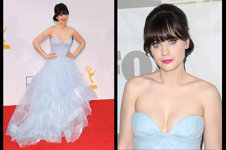 Vaporoso y etéreo, así se vio el vestido de Reem Acra que lució Zooey Deschanel. Se trata de un strapless en forma de corazón  y falda de tul en color celeste