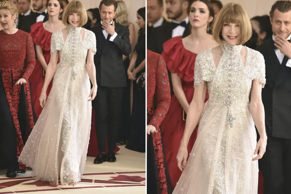 Anna Wintour, directora de Vogue USA e impulsora de la Gala del Met, con un etéreo vestido de tul y pedrería en tonos blancos y plateados de Chanel