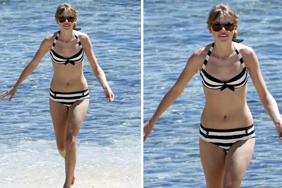 Taylor Swift, siempre fiel al estilo navy, optó por un traje de baño de dos piezas