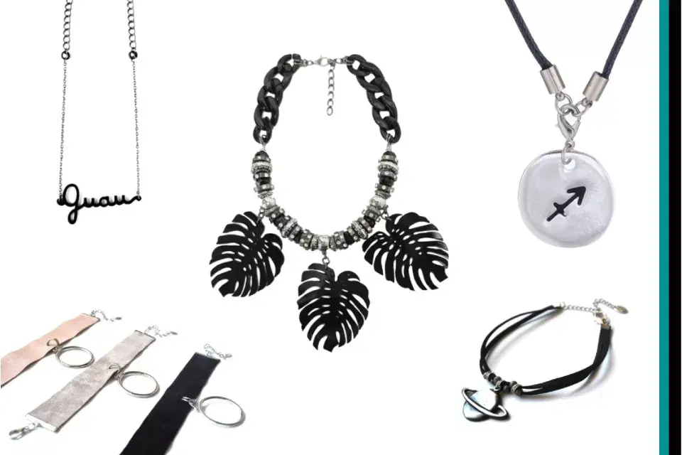 Collar Guau $315 de Chaton Noir / Collar hojas $350 de Dolores Iguacel / Gargantilla zodiaco $165 de Maria Rivolta / Gargantilla sado $320 de Cuatro Musas / Gargantilla planeta $275 de Cuatro Musas