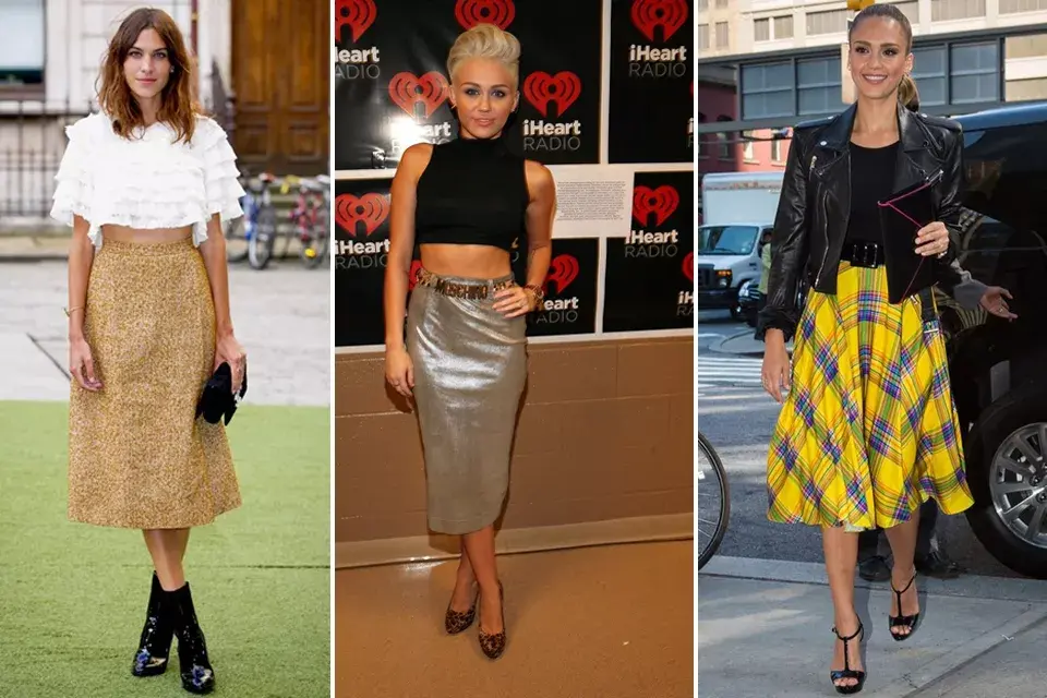 Tres versiones de midi en tres estilos bien diferentes. Alexa Chung con un look muy trendy, Miley Cyrus con un estilo más sexy, crop top y brillos para la noche, y por último Jessica Alba con un look super canchero:  tartán y chaqueta de cuero para el día