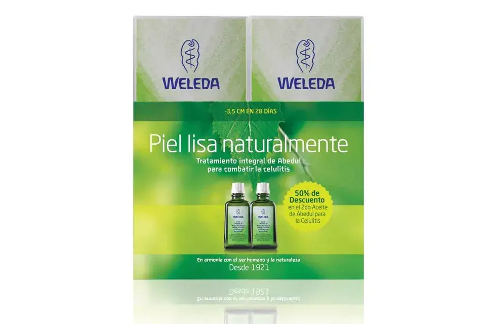 Estos dos aceites de Abedul tienen componentes naturales que ayudan a mejorar visiblemente la apariencia de la piel de naranja y ejercen una acción preventiva en la formación de celulitis. Weleda Aceites de Abedul para Celulitis x 2, $207