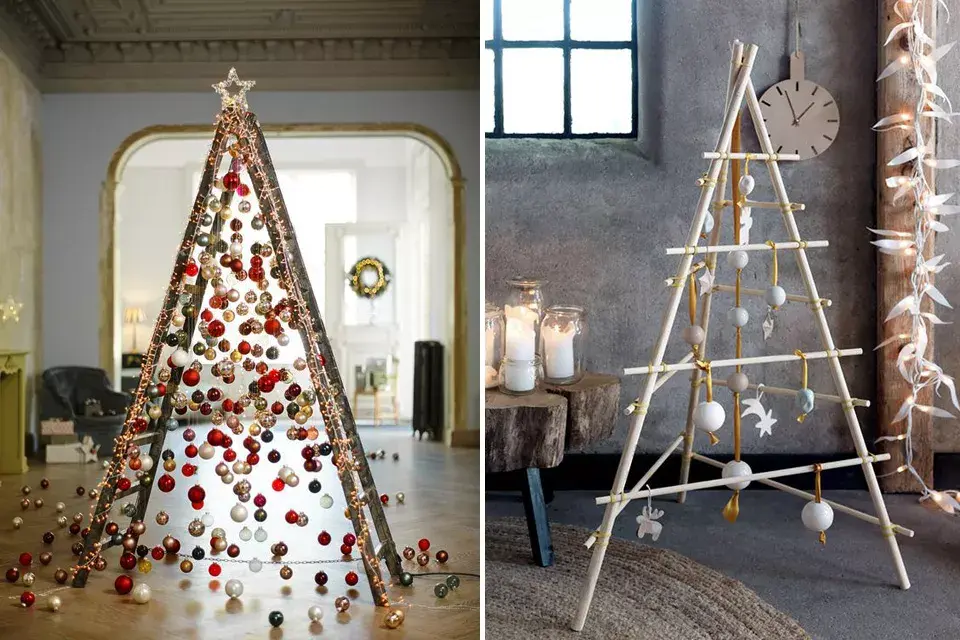 Otra versión para inspirarse: una vieja escalera decorada con borlas de navidad y luces, y un arbolito hecho con maderitas de distintas longitudes