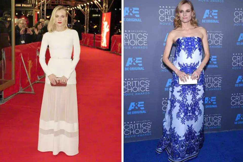 Diane Kruger y una postura delicada y muy femenina. Las manos juntas son perfectas para destacar los accesorios y el clutch