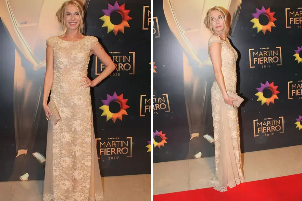 Gloria Carra, otra de las famosas que eligió a Gabriel Lage para la alfombra roja. El vestido era color marfil con flores bordadas en relieve