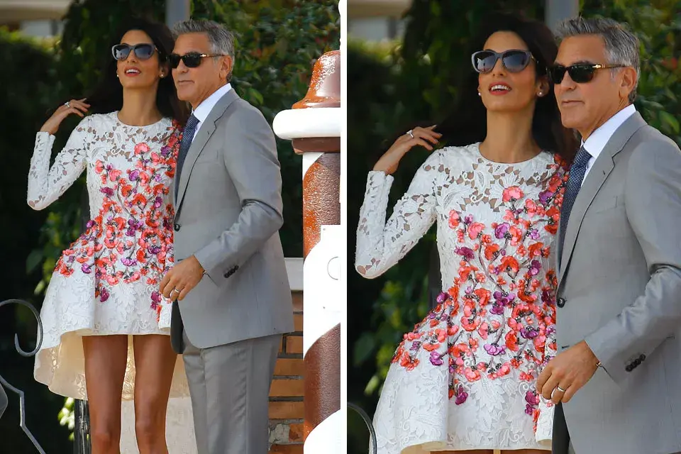 El vestido era de mangas largas con corte irregular, de encaje y flores bordadas. ¡Espectacular!