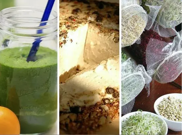 Jugos verdes, quesos vegetales, germinados, parte de la dieta cotidiana en la alimentación viva.