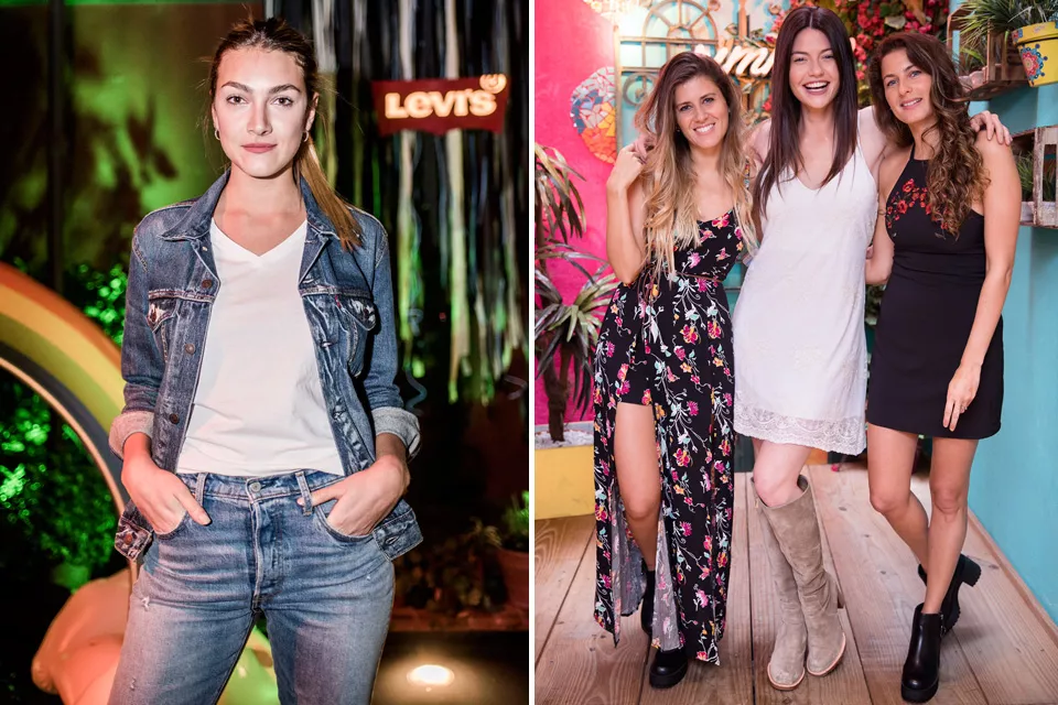 Lucía Pedraza con un look muy casual: jean+ jean, y Sofía "Jujuy" Jimenez con un vestido blanco y botas