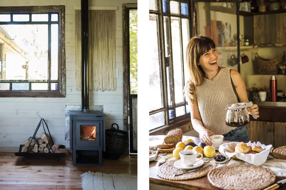 Salamandra Eco (Tromen, $19.400), leñero (lavacatuertastore, $3249) y tapiz (@hachezhome, $6000)