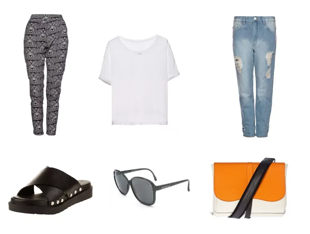 Jean (Maria Cher, $1400) Pantalón (BlackMamba, $1800) Remera (Chocolate, $560) Sandalias (Lucerna, $1200) Cartera (Peter Kent, consultar precio) Anteojos ( Elizabeth Arden, Interóptica)