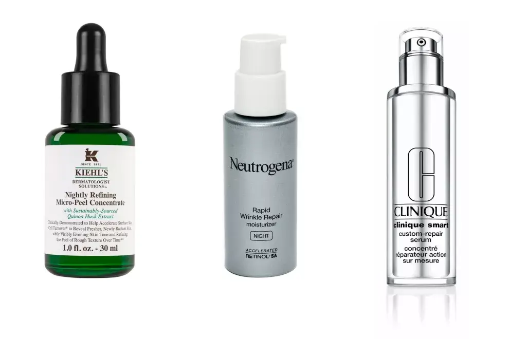 Nightly Refining Micro-Peel Concentrate, tratamiento nocturno, afina la textura de la piel, corrige manchas, $1550, Kiehl´s. Rapid Wrinkle Repair Noche, mejora las manchas de la edad, $392, Neutrogena. Smart Custom Repair Serum, empareja el tono, $2800, Clinique