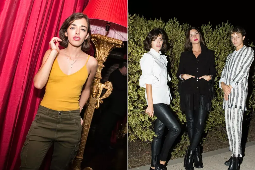 Izquierda: Belén Chavanne, con top amarillo ocre y pantalones cargo en el evento de Roho. Derecha: Belen Chavanne con pantalones engomados y camisa con volados; Lucia Celasco, all in black con camisa con flecos, pantalones de cuero y botas y Justina Bustos, con un conjunto a rayas, en la presentació