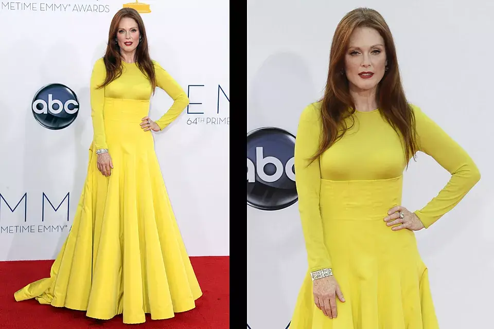 Juliane Moore fue otra de las que eligió el amarillo (color que marca tendencia!) en un diseño muy cerrado y con falda súper amplia de Christian Dior