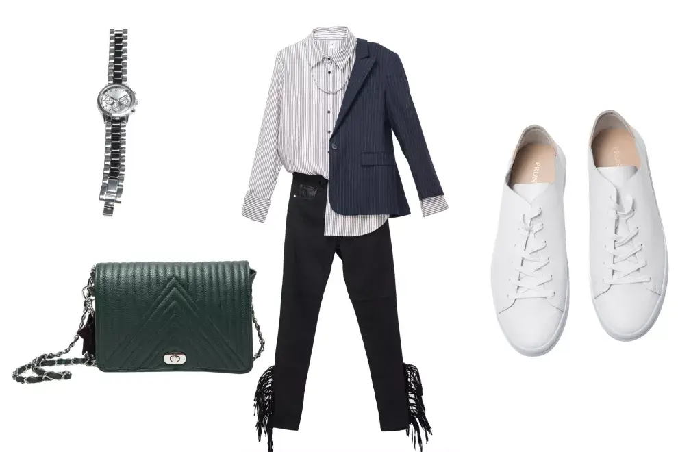 Camisa (Ver, $1290), collar (Isadora, $249), blazer (Giesso, $6986), jean con flecos (Koxis, $1690), reloj (Isadora, $850), cartera (Blaquè, $3160), zapas (Prüne, $2190)