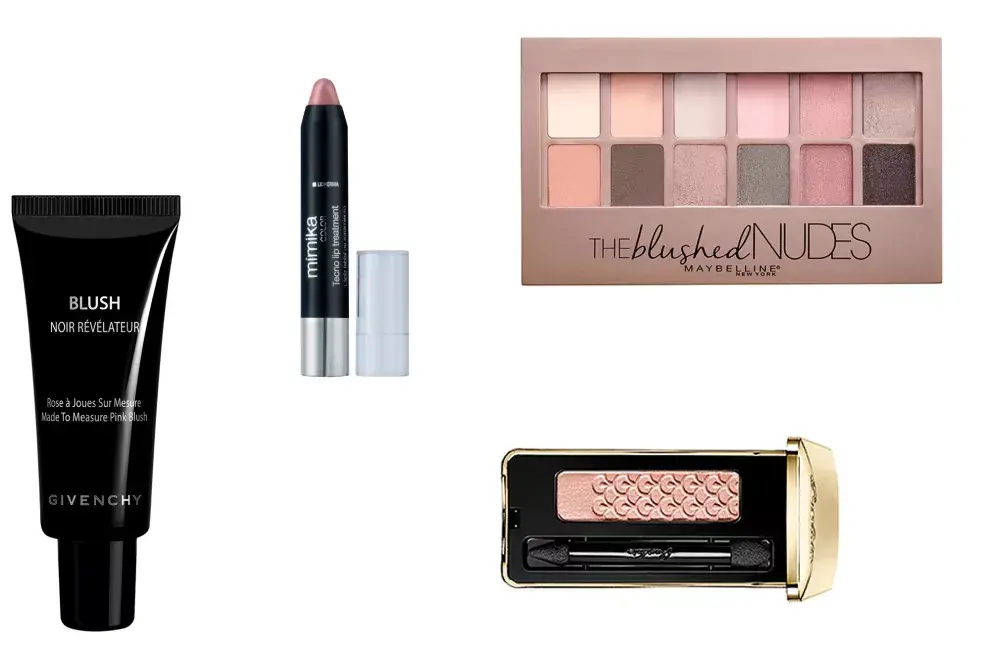 Rubor en crema blush noir révélateur (Givenchy, $1060). Labial color Tecno Lip Treatment Rose (Mímika by Lidherma, $265). Paleta de sombras The Blushed Nudes (Maybelline, $350). Sombra Ecrin 1 ?N°12 Pink Pong (Guerlain, $715)