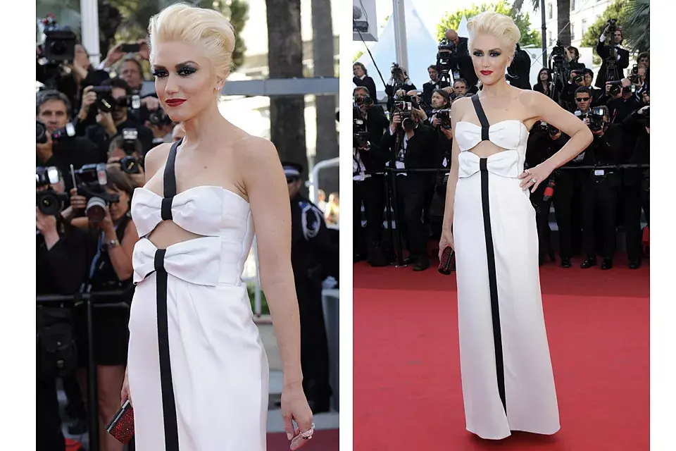 Siempre marcando tendencia, Gwen Stefani llevó un vestido de Armani Privé en blanco con detalles en negro y moños; el peinado, divino