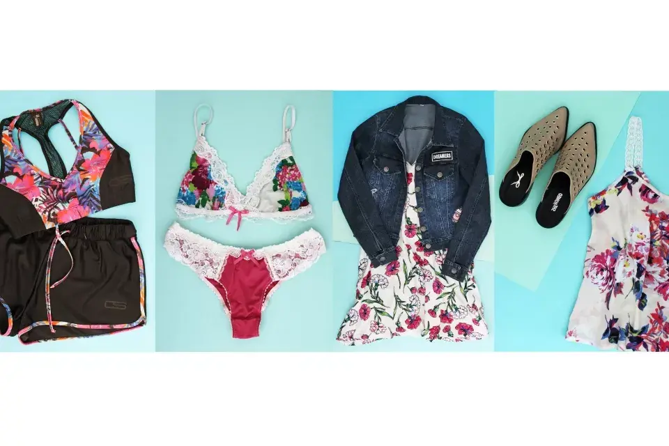Conjunto deportivo, top $345 y short $240 de Cocot / Conjunto $460 de La Braga / Vestido floreado $350 y Campera de jean $620 de Kiara / Zuecos $1615 de She Romeo / Musculosa $275 de Veive /
