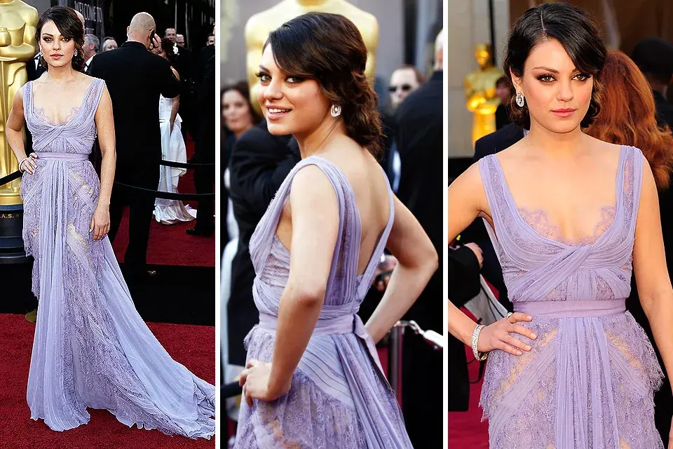 Femenina y romántica, Mila Kunis se inclinó por un diseño de alta costura de Elie Saab, en de chiffon y encaje color lavanda; su sugerente escote despertó suspiros